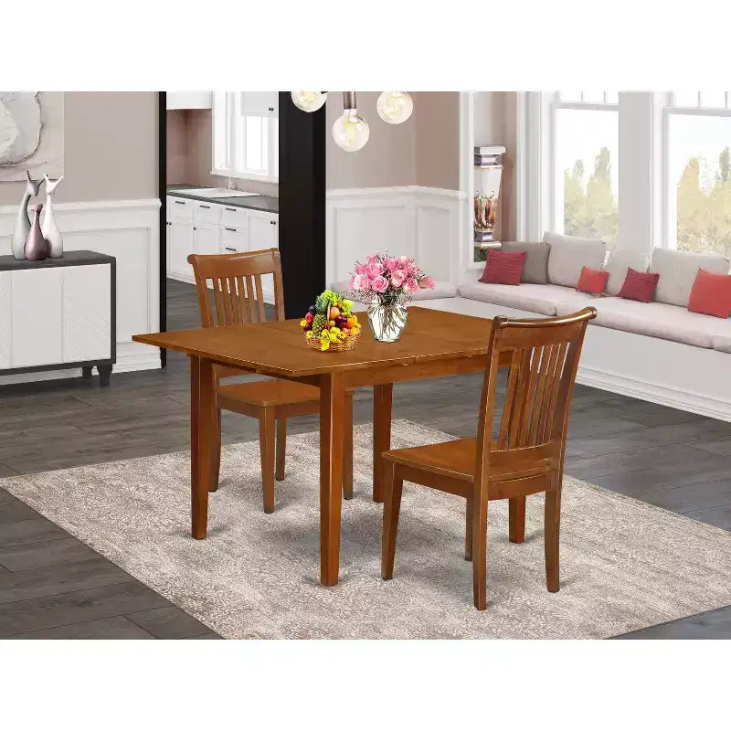 Kitchen Dining Set 3 Piece Table & Chairs Set - Saddle Brown Rectangular Table with 2 Chairs