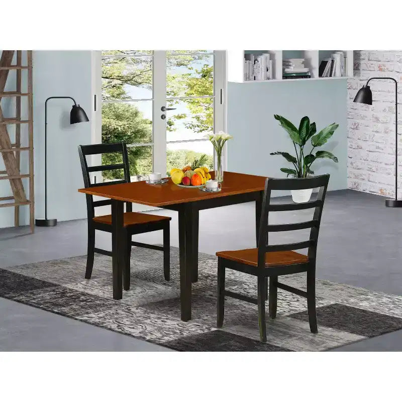 3-Piece Black and Cherry Finish Solid Wood Top Dining Table Set with Square Table and Ladderback Chairs
