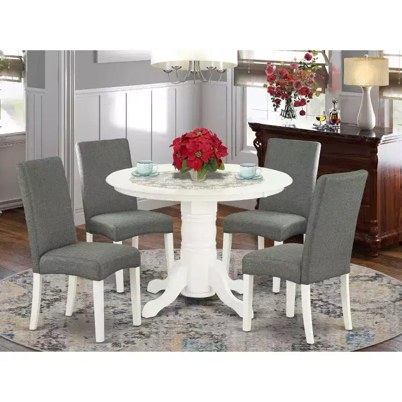 HomeStock 5-Piece Round Linen White Finish Solid Wood Top Dining Table with 4-Parson Chair