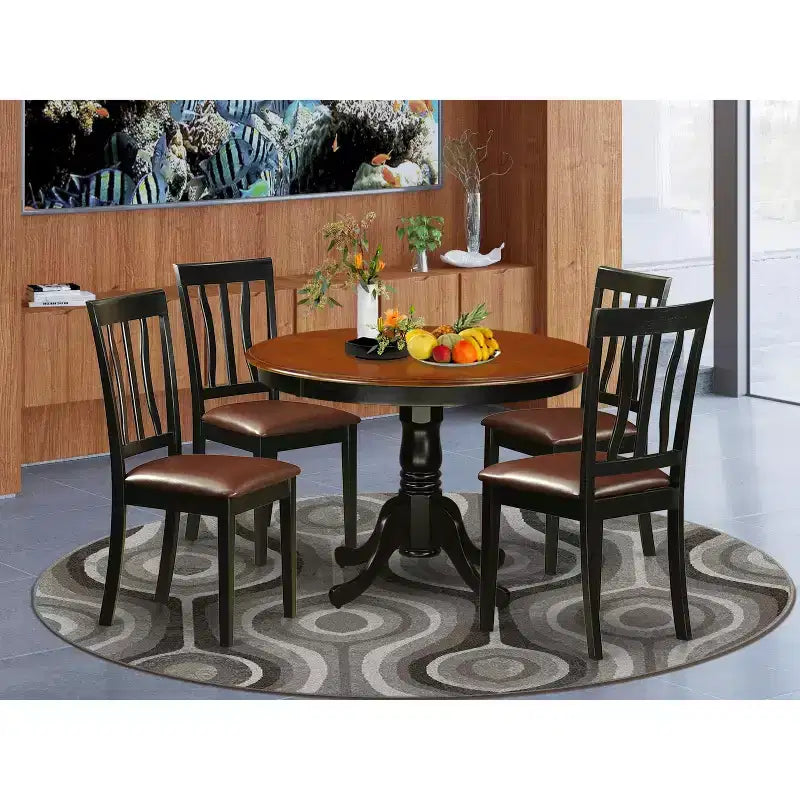 HomeStock 5-Pc Black and Cherry Finish Solid Wood Top Dining table with 4 Chairs