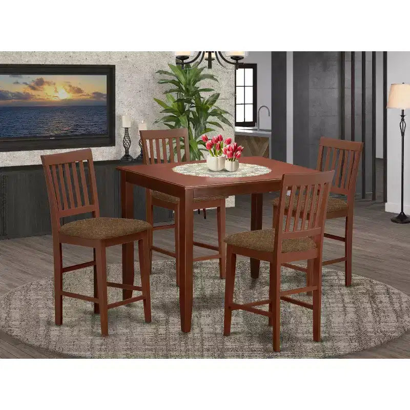 Counter Height Pub Set - 5 Piece Dining Set with Table & 4 Chairs - Modern Mahogany Finish