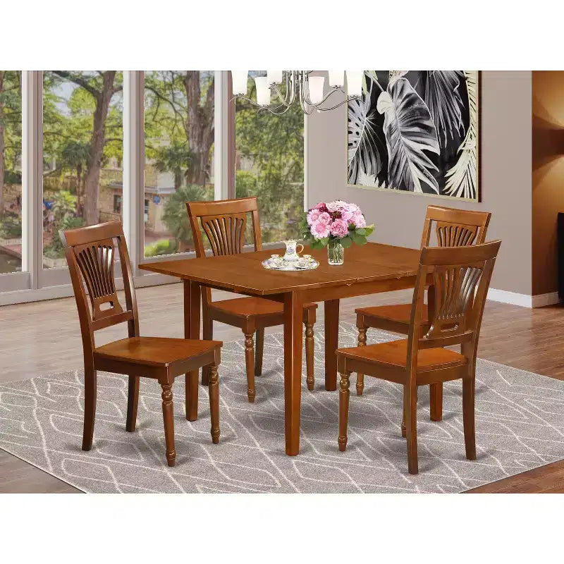 HomeStock 5-Pc Saddle Brown Finish Solid Wood Top - Dining Room Set - Seats 4