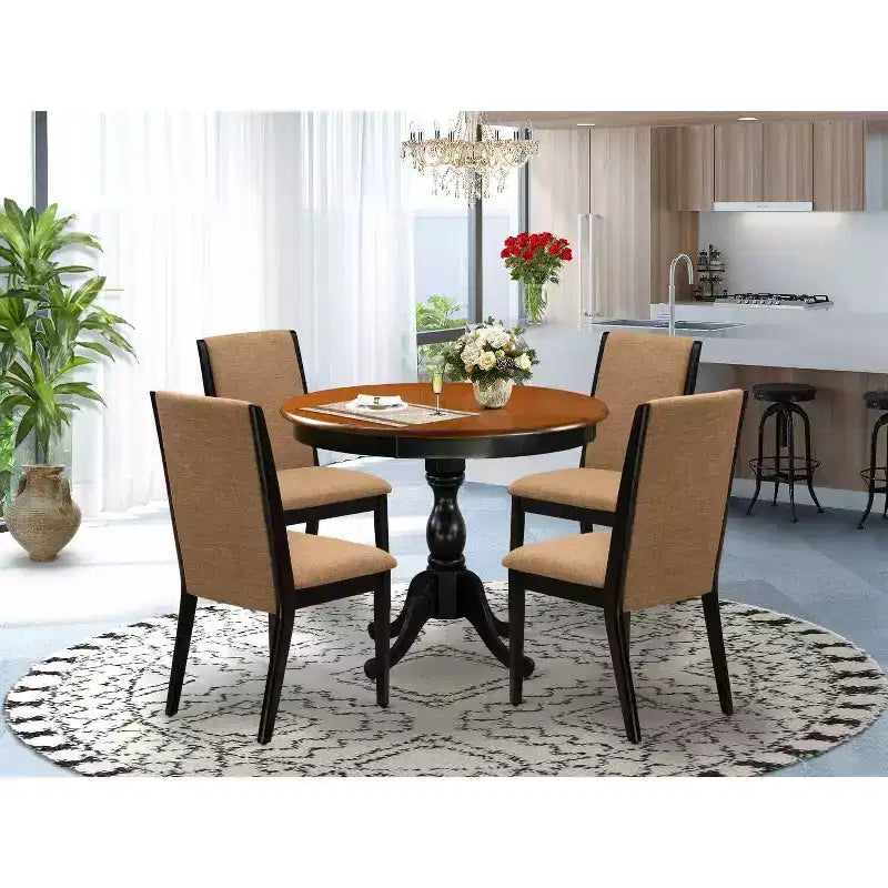 HomeStock 5-Piece Round Black and Cherry Finish Solid Wood Top Dining Table with 4 Upholstered Chairs