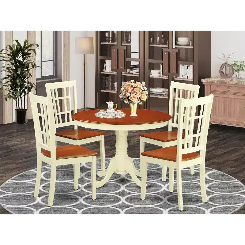 HomeStock 5-Piece Round Buttermilk and Cherry Finish Solid Wood Top Dining table with 4 Chairs