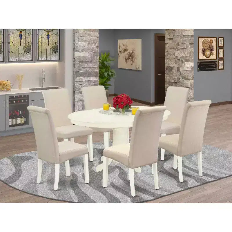 HomeStock 7-Piece Oval Linen White Finish Solid Wood Top Dining Table with 6 Parson-Chairs with Butterfly Leaf