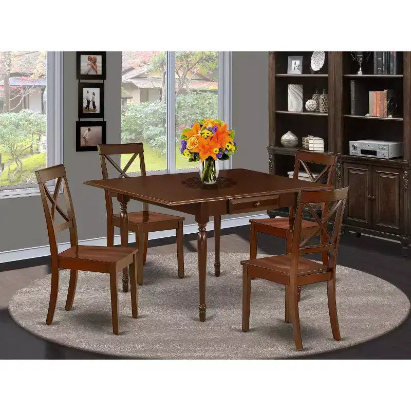 HomeStock 5-Pc Mahogany Finish Solid Wood Top - Rectangular Dining Room Set with Dropleaf - Seats 4