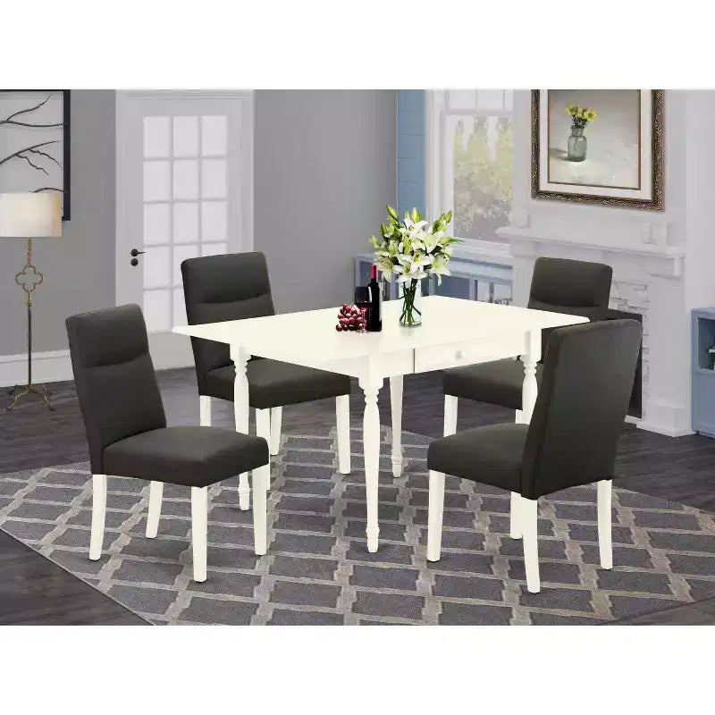 HomeStock 5-Pc Linen White Finish Solid Wood Top - Dining Room Set with Dropleaf - Seats 4