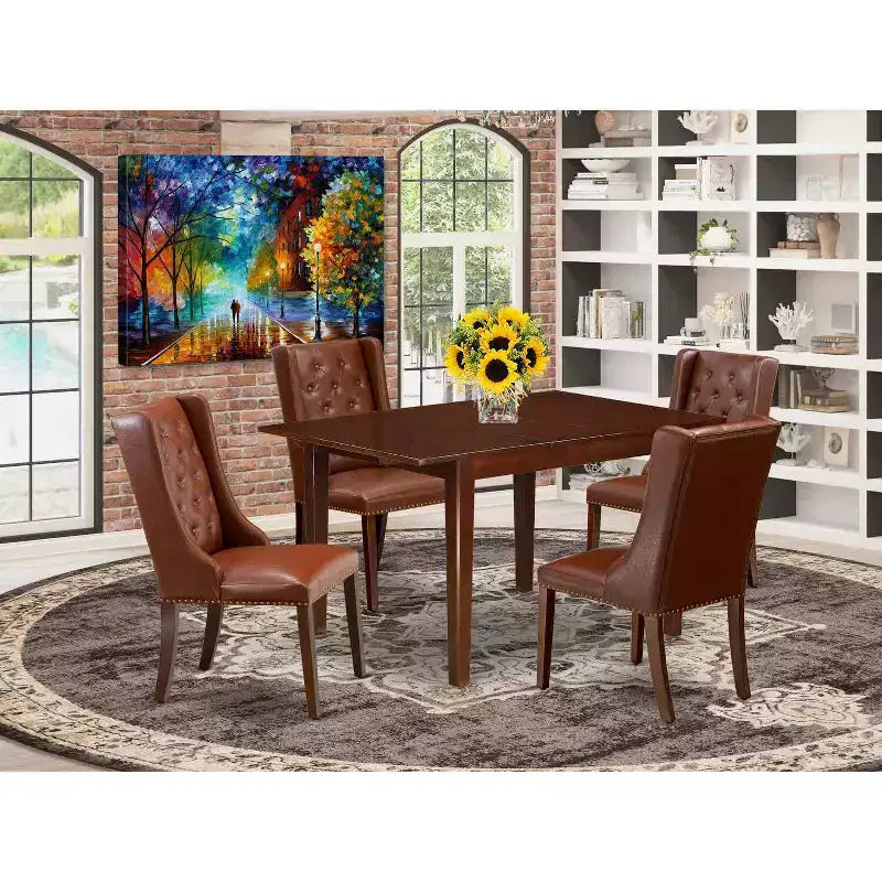 5-Piece Mahogany Finish Solid Wood Top Rectangular Button Tufted Dining Room Set (Seats-4)
