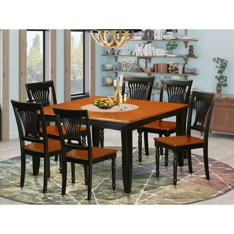 HomeStock 7-Piece Square Black and Cherry Finish Solid Wood Top Dining Table with 6 Slat Back Dining Chairs, Seats 6