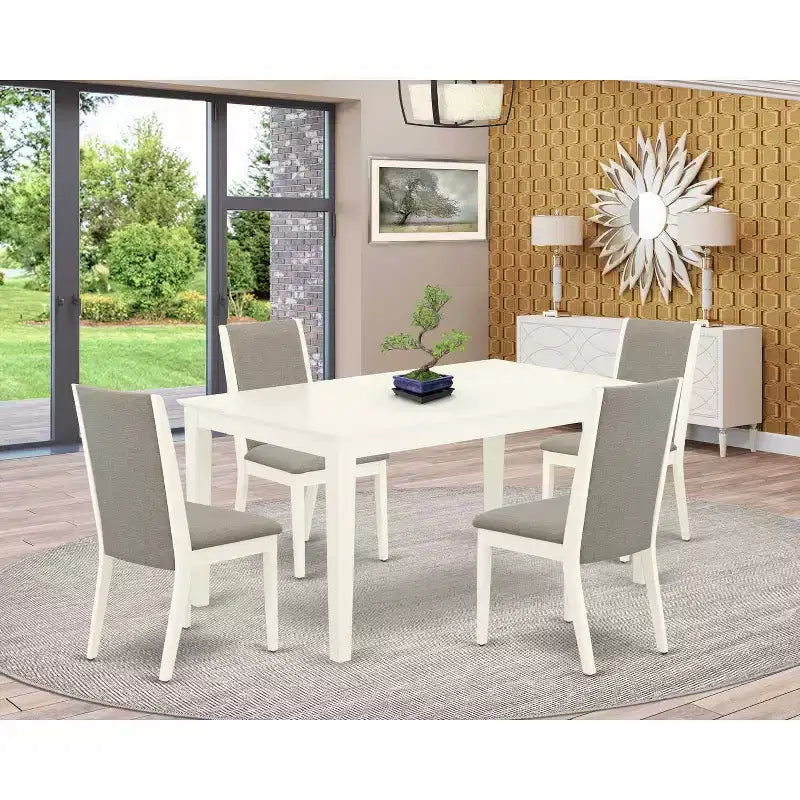 5-Piece Linen White Finish Solid Wood Top - Rectangular Dining Room Set - Seats 4