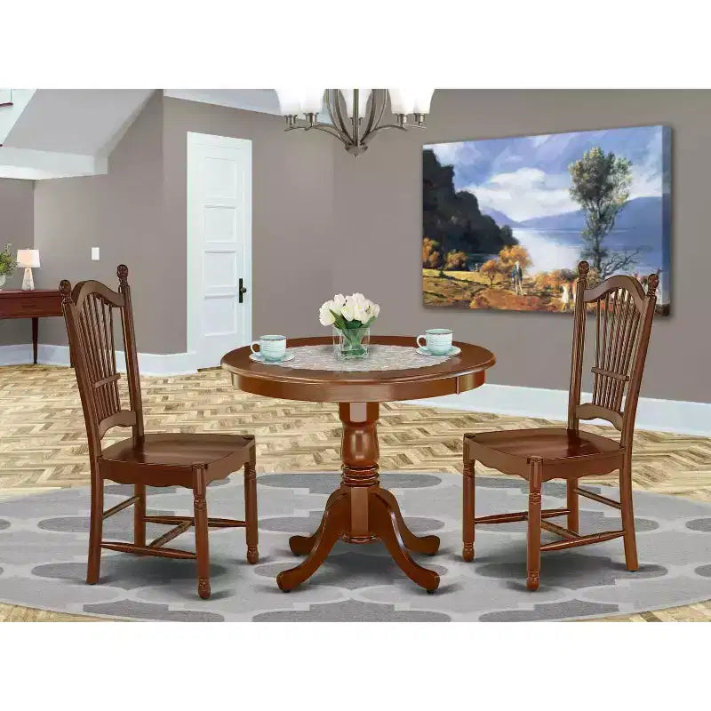 French Country Dining Set 3Pc Table & Chairs - 36 Inch Round Wood Table with 2 Seats