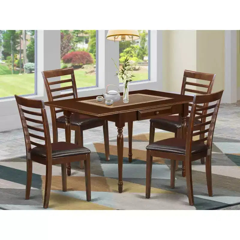 5-Piece Mahogany Finish Solid Wood Top - Rectangular Dining Room Set - Seats 4