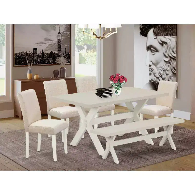 HomeStock 6-Pc Rectangle Natural Oak Finish Solid Wood Top Dining Table with 1-Bench, 4-Chairs