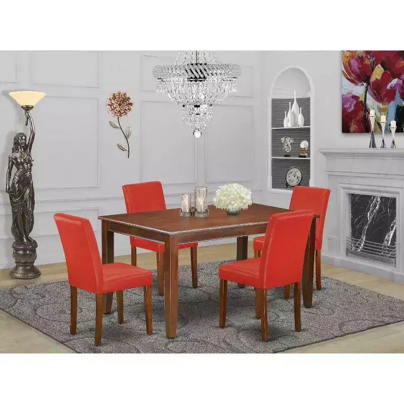 HomeStock 5-Piece Rectangle Mahogany Finish Solid Wood Top Dining Table with 4 Parson Chair