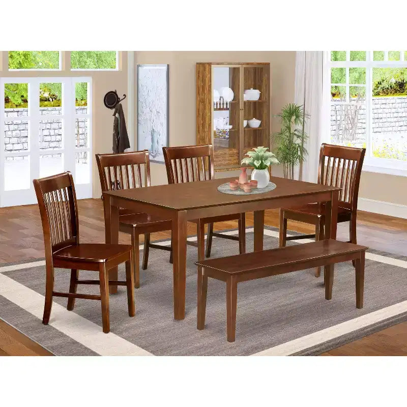 HomeStock 6-Piece Rectangle Mahogany Finish Solid Wood Top Dining Table with 1 Bench, 4 Chairs