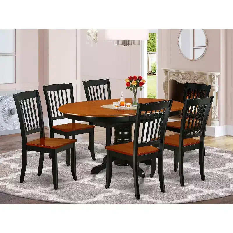 HomeStock 7-Piece Oval Black and Cherry Finish Solid Wood Top Dining Table with 6 Chairs with Slat Back