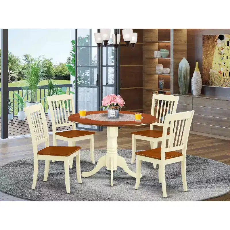 Round Dining Set 5Pc Antique Table & Chairs - 42 Inch Round Table, Vertical Slatted Design