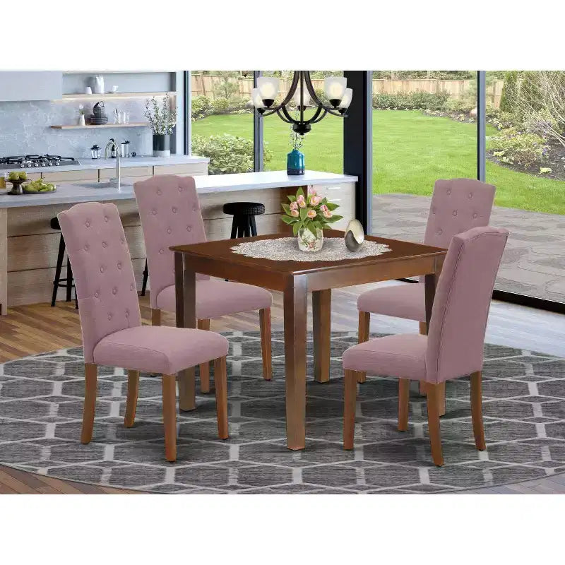 5-Piece Mahogany Finish Solid Wood Top - Square Dining Room Set - Seats 4