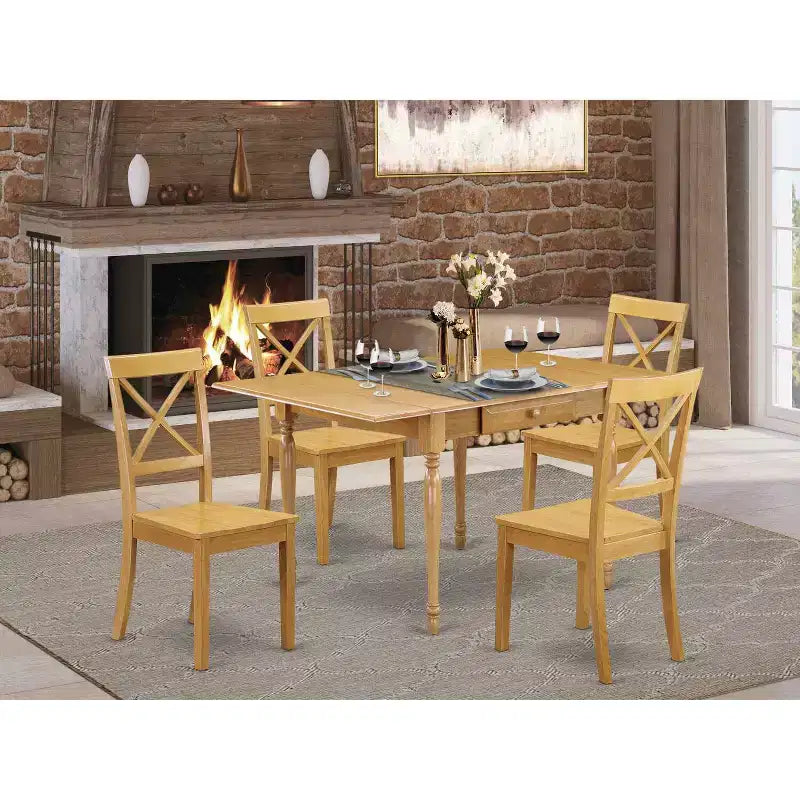 HomeStock 5-Pc Natural Oak Finish Solid Wood Top - Dining Room Set with Dropleaf - Seats 4