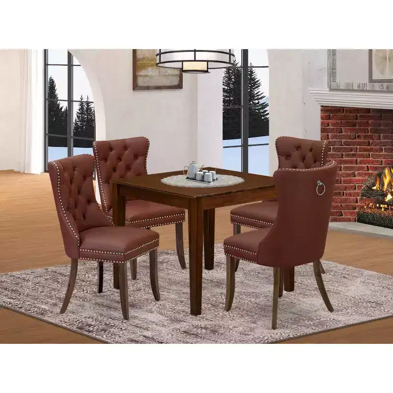 5-Piece Antique Walnut Finish Solid Wood Top - Square Upholstered Dining Room Set - Seats 4