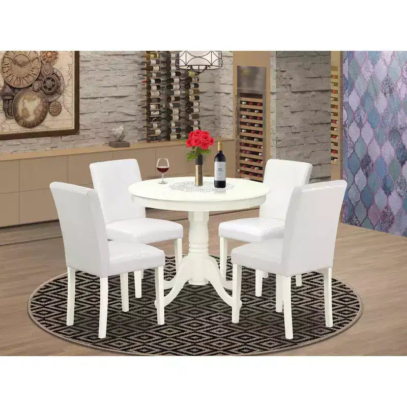 Boho Dining Set 5 Piece - Round Table & 4 Parsons Chairs - 36 Inch - Linen White