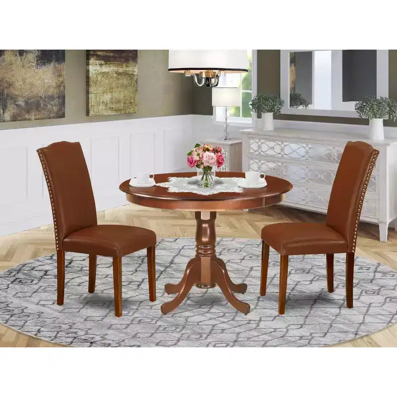 Dining Room Table Set 3pc 42 Inch Round Table w/ 2 Parsons Chairs - Brown Faux Leather