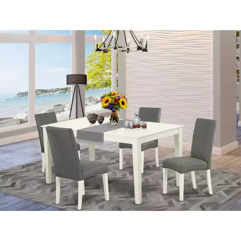 HomeStock 5-Piece Rectangle Linen White Finish Solid Wood Top Dining Table with 4 Parson Chair