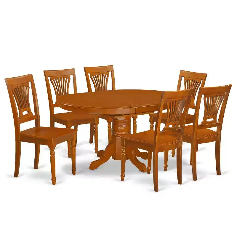 7-Piece Oval Saddle Brown Finish Solid Wood Top Dining Table with 6-Chairs with