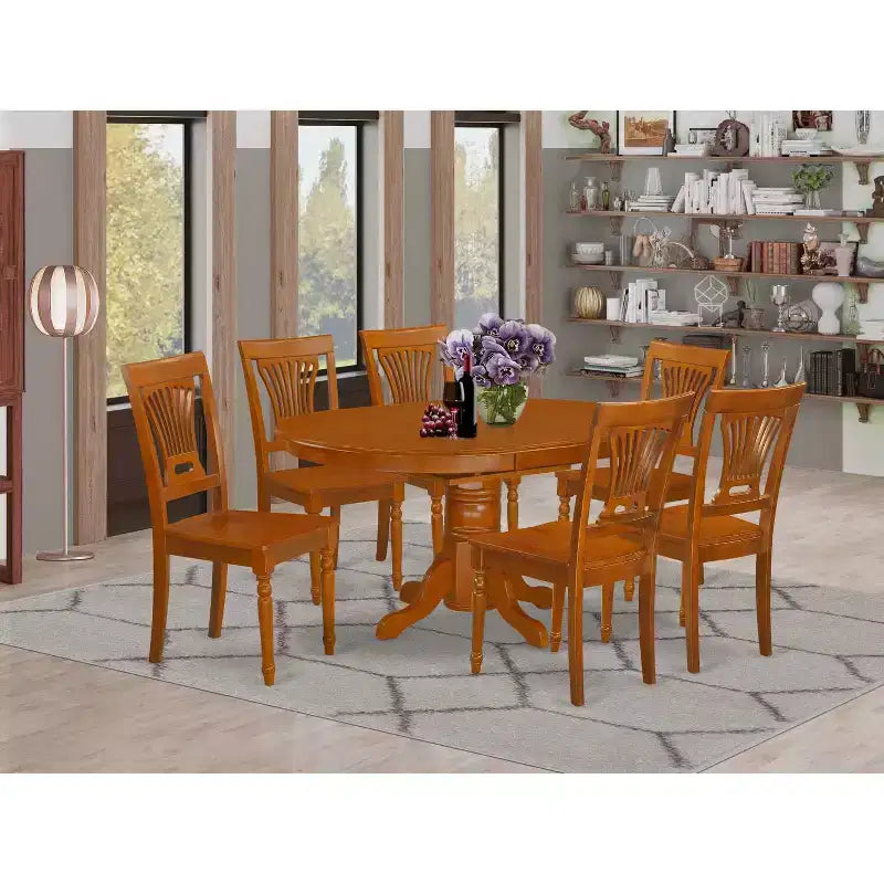 7-Piece Oval Saddle Brown Finish Solid Wood Top Dining Table with 6-Chairs with