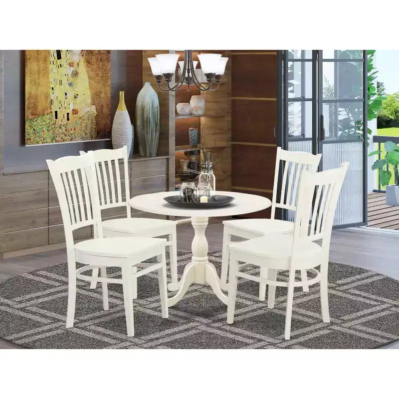 HomeStock 5-Piece Linen White Finish Solid Wood Top Dining table with 4 Chairs with Drop Leaf Slat Back