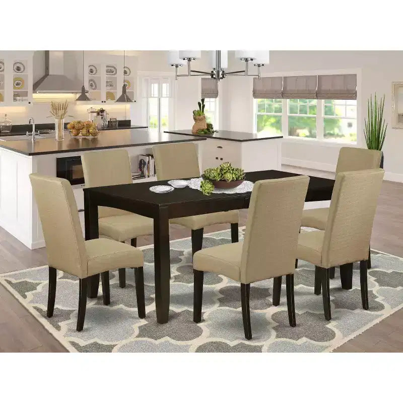 Baroque Beauty Dining Set - 6Pc Rectangular Table & Chairs - Cappuccino Finish - Linen Fabric - Brown