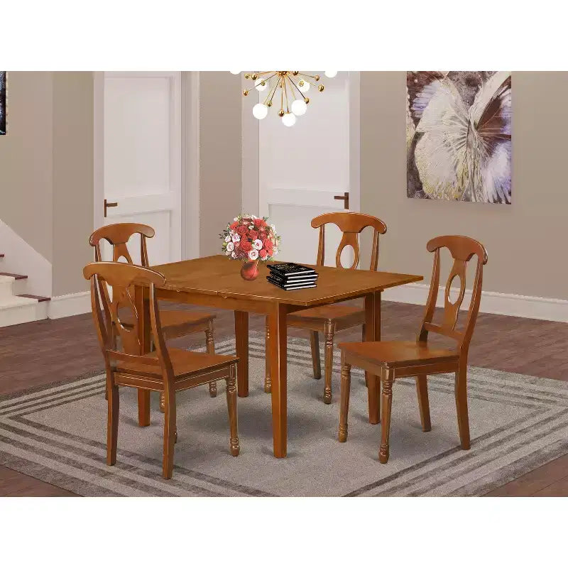 5-Piece Saddle Brown Finish Solid Wood Top - Dining Room Set - Seats 4