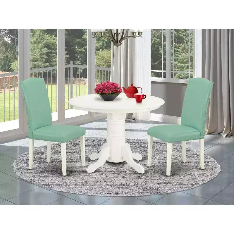 Dinette Set 3Pc Round Table & 2 Parsons Chairs - 42 Kitchen Table Set - Linen White Legs, Pond PU Leather