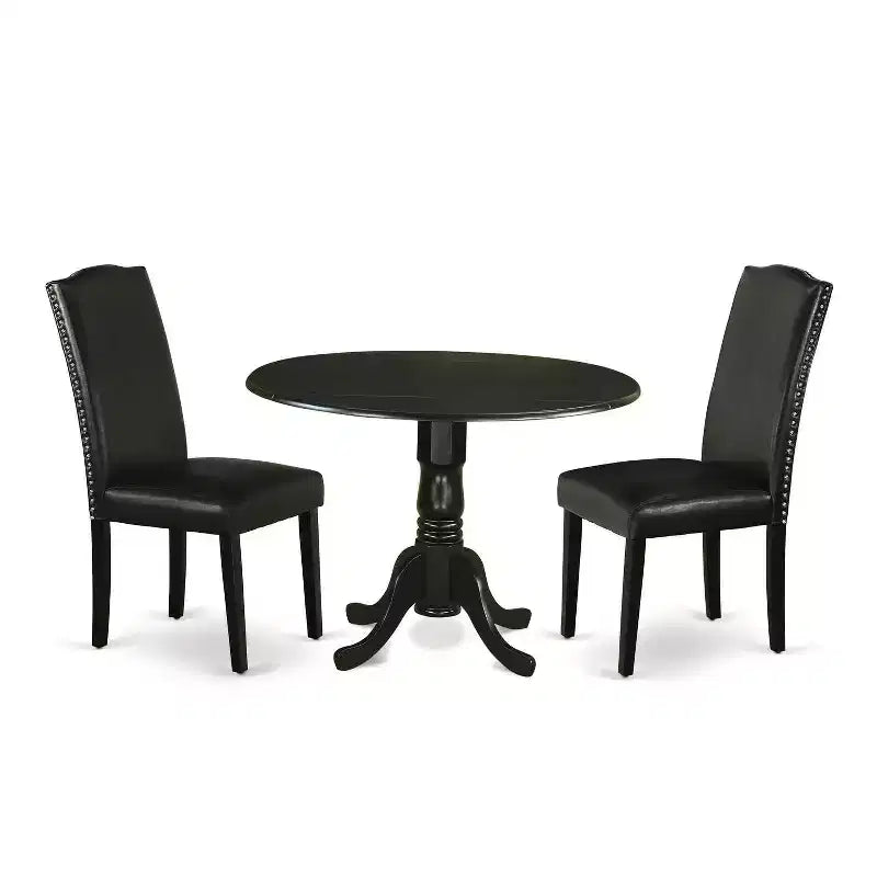 HomeStock 3-Piece Round Black Finish Solid Wood Top Dining Table with 2 Parson Chairs with Drop Leaf