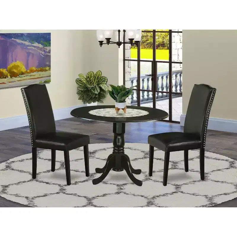 HomeStock 3-Piece Round Black Finish Solid Wood Top Dining Table with 2 Parson Chairs with Drop Leaf