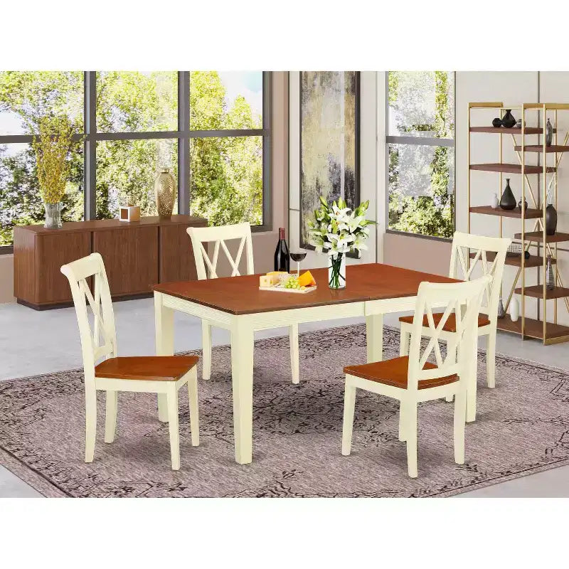 Rectangular Dining Table Set 54x66 Inch with Leaf & 4 Double X Back Chairs - HomeStock