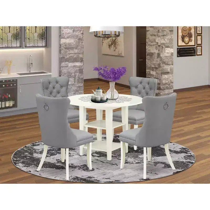 5-Piece Linen White Finish Solid Wood Top - Round Dining Room Set - Seats 4