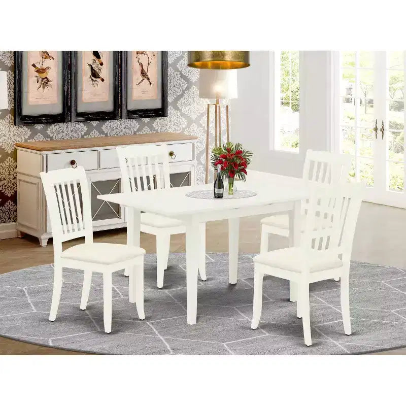 HomeStock 5-Pc Linen White Finish Solid Wood Top - Rectangular Upholstered Dining Room Set with Butterfly Leaf - Seats 4
