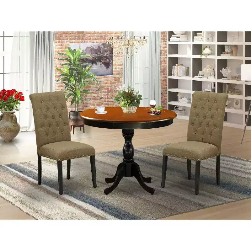 3-Piece Black and Cherry Finish Solid Wood Top - Button Tufted Upholstered Dining Room Set - Seats-4