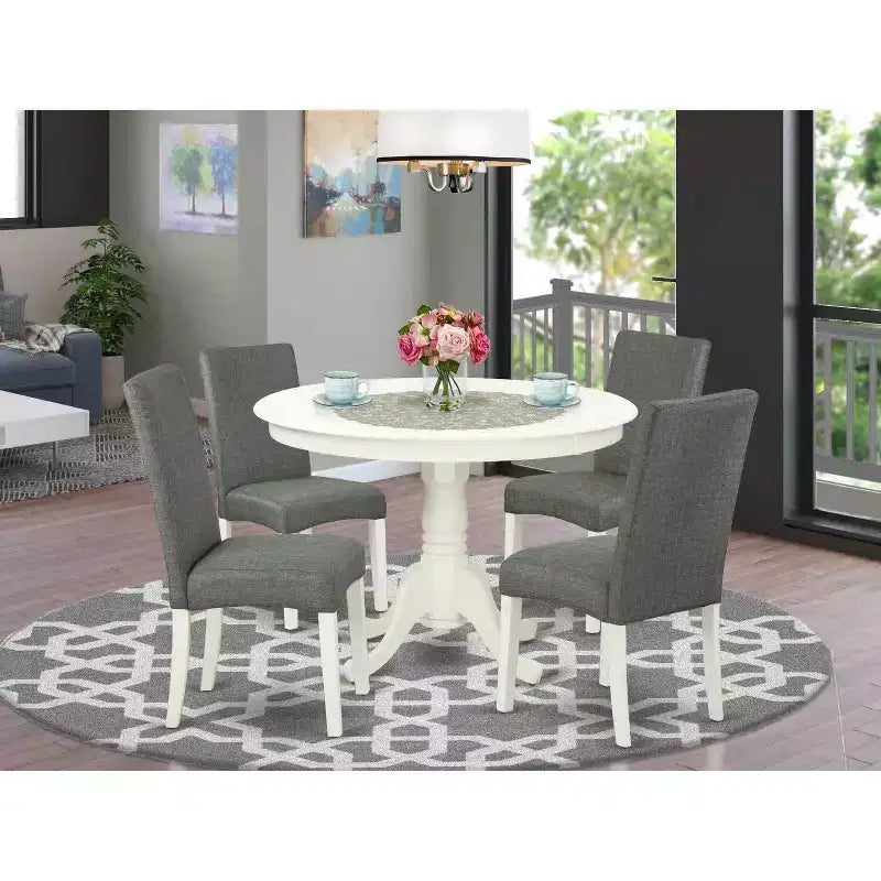 Round Dinette Set 5Pc - 42 Inch Table & 4 Chairs - City Sleek Design - Linen White Legs - Gray Fabric