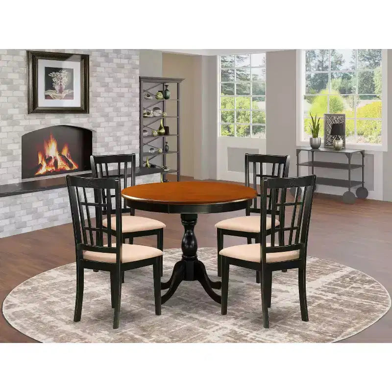 HomeStock 5-Piece Black and Cherry Finish Solid Wood Top Dining table with 4 Chairs with Slat Back