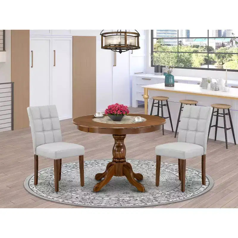 3-Piece Antique Walnut Finish Solid Wood Top-Round Dining Room Set-Seats 4