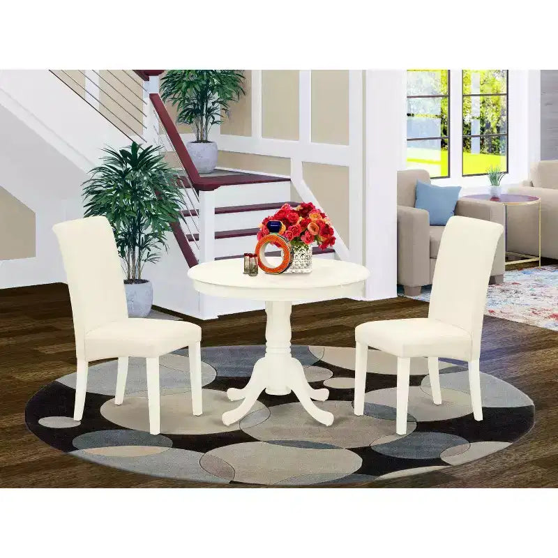 HomeStock 3-Pc Round Linen White Finish Solid Wood Top-Dining Room Set-Seats 4