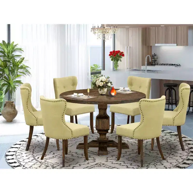 HomeStock 7-Piece Distressed Jacobean Finish Solid Wood Top Dining Table with 6 Parson Chairs