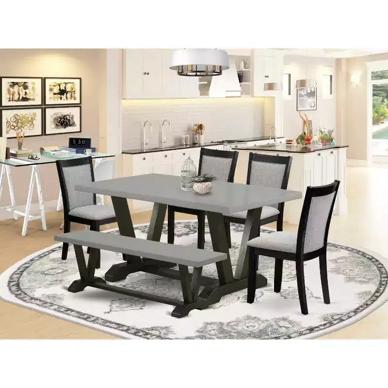 HomeStock 6-Piece Rectangle Natural Oak Finish Solid Wood Top Dining Table with 1-Bench, 4 Upholstered-Chairs