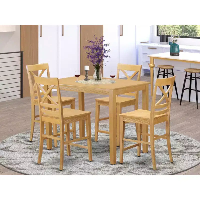 HomeStock 5-Pc Natural Oak Finish Solid Wood Top - Dining Room Set - Seats 4