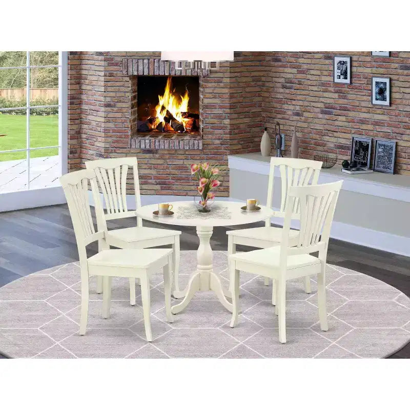 HomeStock 5-Pc Linen White Finish Solid Wood Top Dining table with 4 Chairs with Drop Leaf Slat Back