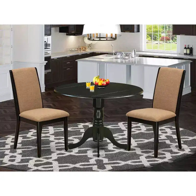3-Piece Black Finish Solid Wood Top - Round Dining Room Set - Seats 4