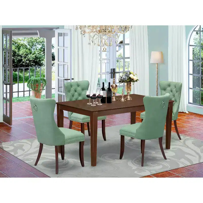 5-Piece Rectangular Mahogany Finish Solid Wood Top-Upholstered Dining Room Set-Seats 4