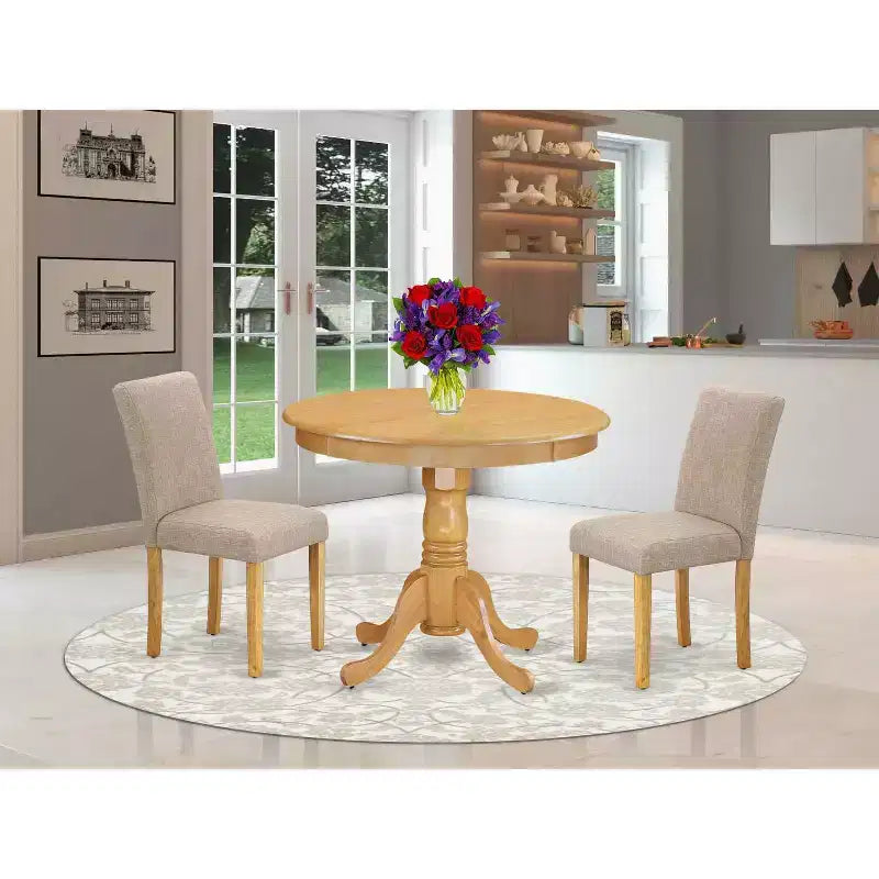 French Country Dinette Set - 3 Piece Table & Chair Set - Linen Fabric Dining Room Furniture